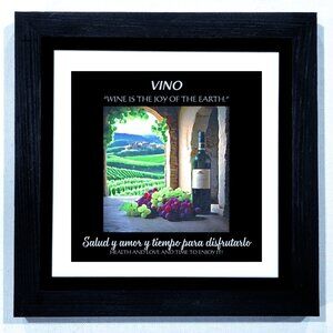 WALL ART -- VINO. 8X8 INCHES. A RAISED TILE IN A BLACK FRAME
